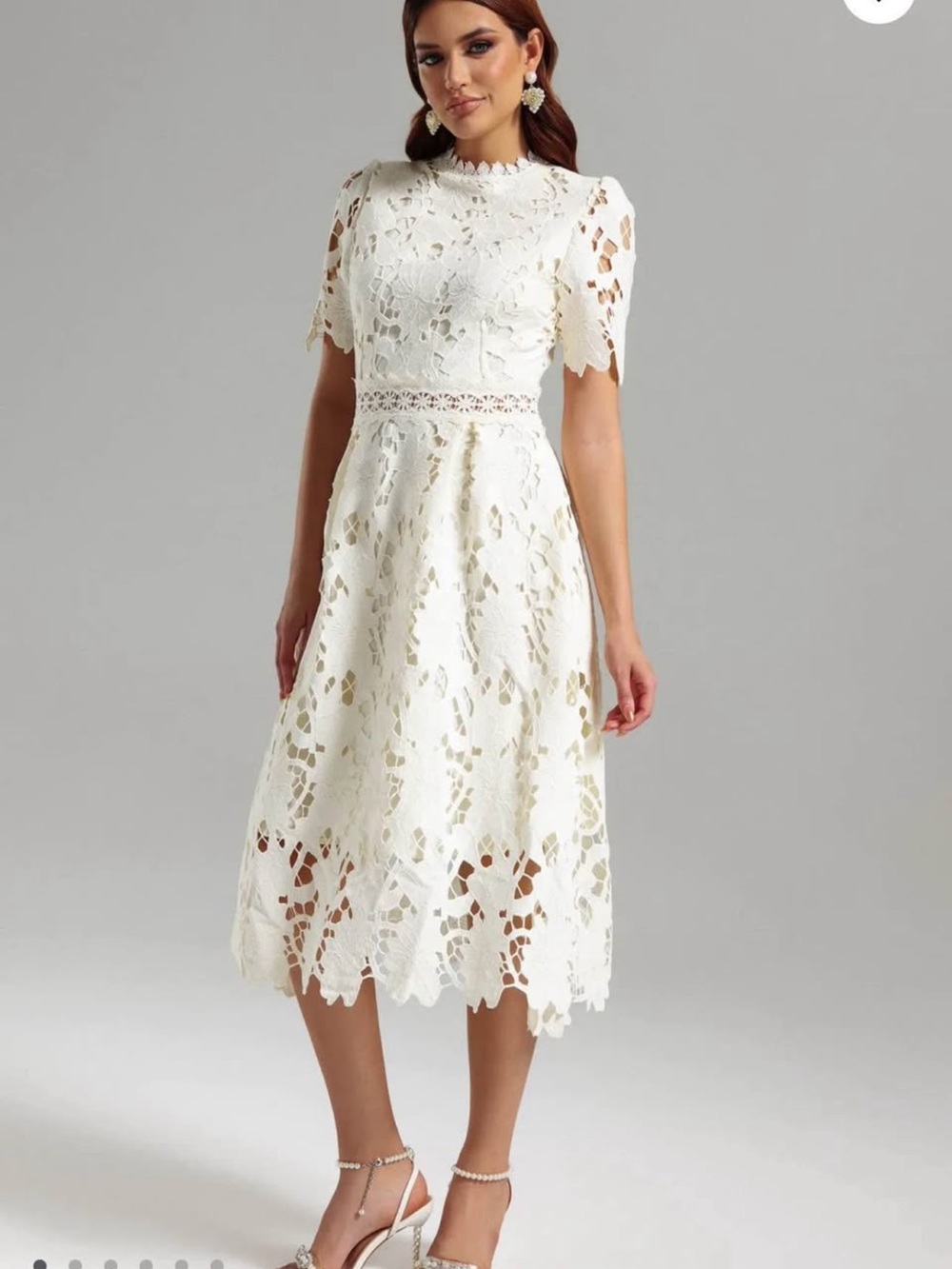 Elegant off- white Lace Midi Dress with Scalloped Hem with tag